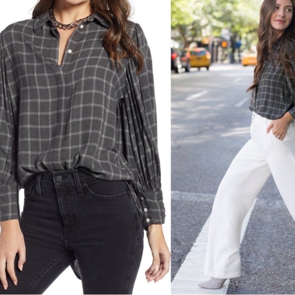 Something Navy Gray Plaid Button-Front Blouse Sma… - image 1
